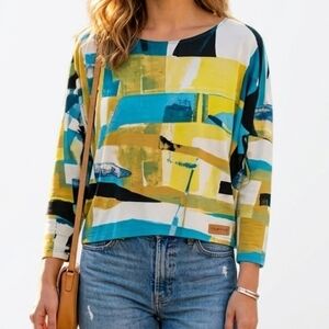 [COMFY USA] Brushstroke Abstract Blue/Yellow Graphic Long Sleeve Top Women Small
